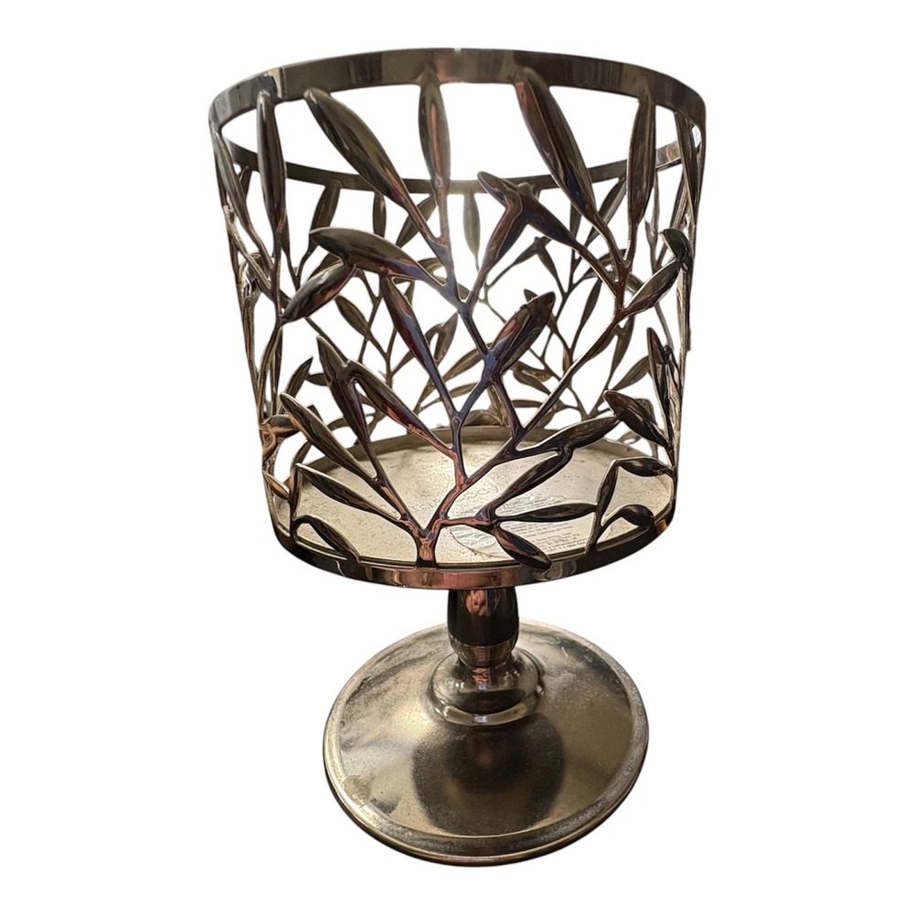 Bath & Body Works 3-Wick‎ Candle Holder Silver Pedestal Intertwined Leaves 5"